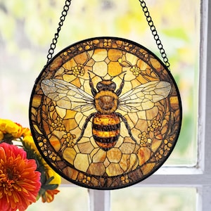 Bee Stained Glass Suncatcher, Honeycomb Window Art, Nature-Inspired Decor, Mother’s Day Gift, Garden Lover Accent
