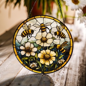 Bee Wildflowers Glass Suncatcher, Honey Bee Suncatcher Gift for Garden Lovers, Home Decor Gift for Mom, Mother's Day or Teacher Bee Gift