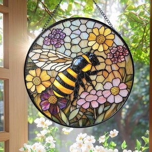 HoneyBee Stained Glass Suncatcher – Honeycomb Floral Window Hanging Handmade Decor, Floral Window Hanging Decor, Best Gift For Mother's Day