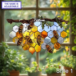 Personalized Honeycomb and Bee Acrylic Suncatcher, Acrylic Effect Window Hanging, Custom Beekeeper Gift, Nature Hive Wall Decor