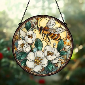 Bee Wildflowers Suncatcher, Honey Bee Glass Suncatcher, Honeybee Gift for Garden Lovers, Home Decor Gift for Mom, Mother's Day Gift