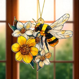 Bee With Flower Faux Stained Glass Acrylic Suncatcher, Honeycomb Window Art, Nature-Inspired Decor, Garden Lover Gift, Bee Lover Gift