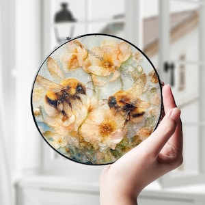 Honey Bee Glass Suncatcher with Flowers - Window Decor