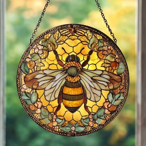 Bee Stained Glass Suncatcher – Honeycomb Window Hanging