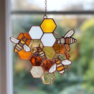 Honeycomb Stained Acrylic Suncatcher: Handmade Bee Window Decor