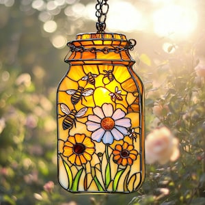 Honey Bee Acrylic Suncatcher, Faux Stained Glass Mason Jar Window Hanging, Summer Floral Garden Decor