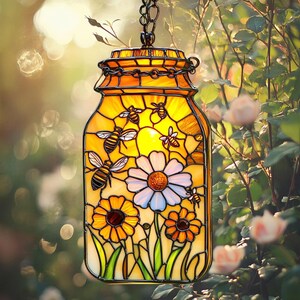 Honey Jar Acrylic Suncatcher, Faux Stained Glass Bee Window Hanging, Cottagecore Floral Home Decor