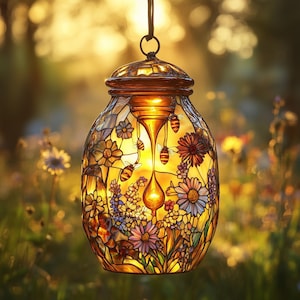 Honey Bee Jar Acrylic Suncatcher Faux Stained Glass Window Hanging, Wildflower Garden Decor And Unique Nature Lover Gift For Home Display