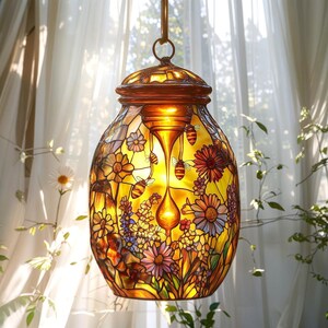 Wildflower Bee Jar Acrylic Suncatcher Faux Stained Glass Window Decor, Colorful Garden Artwork And Beautiful Gift For Women And Home