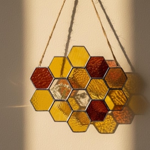 Honeycomb Stained Glass Suncatcher • Amber Hexagon Window Hanging • Handmade Bee Decor • Warm Sunlight Glass Art