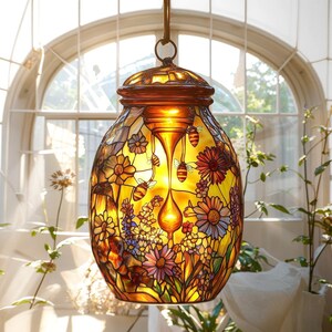 Garden Bee Acrylic Suncatcher Faux Stained Glass Window Hanging, Honey Jar Wildflower Design And Lovely Nature Gift For Her Home