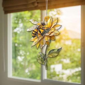 Honey Bee & Sunflower ACRYLIC Suncatcher, Summer Garden Window Hanging, Bumblebee Floral Art, Nature Lover Gift Decor