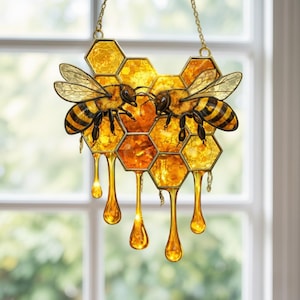Bee Honeycomb Acrylic Suncatcher, Honey Bee Window Hanging Decor, Honey Drip Suncatcher, Beekeeper Gift, Nature Inspired Window Decor