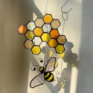 Honeycomb Honey Bee Stained Glass Suncatcher: Beehive Window Hanging Spring Decor