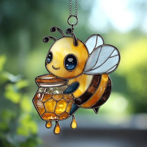 Bee Honey Jar Suncatcher Cute Honeybee Window Hanging Garden Nature Sun Catcher Home Decor Gift