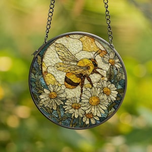 Honey Bee Suncatcher with Flowers, Suncatcher Window Bee Gifts, Stained Glass Bee Decor Housewarming Gift, Home Decor Gift for Mom or Friend