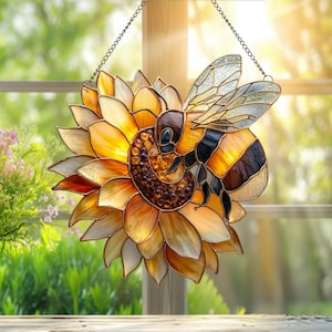 Bee Sunflower Stained Glass Suncatcher, Honey Bee Window Hanging, Sunflower Floral Decor, Garden Lover Gift, Nature Art