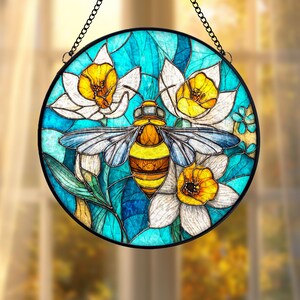 Bee And Daffodil Stained Glass Suncatcher, Floral Window Hanging, Spring Nature Decor, Honey Bee Art, Gift For Garden Lovers