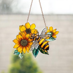 Bee Sunflower ACRYLIC Suncatcher, Floral Window Hanging, Nature Lover Garden Decor, Honeycomb Art Gift, Mom Gifts, Nana Gifts NOT GLASS