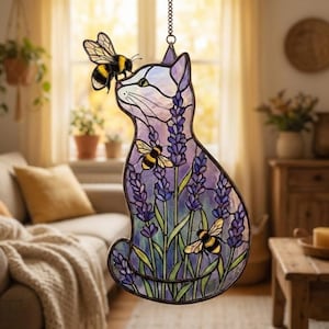 Lavender Cat Suncatcher, Purple Flower Garden Window Hanging, Cat with Bees Wall Art, Gift for Cat Lovers, Floral Pet Decor