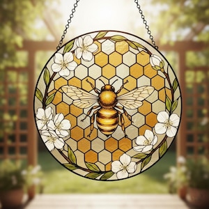 Honeybee Suncatcher, Honeycomb & Spring Blossom Window Hanging, Bee Wall Art, Mother's Day Gift, Nature Inspired Garden Ornament