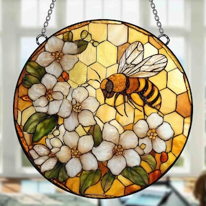 Bee Wildflowers Glass Suncatcher, Honey Bee Window Hanging,Honeybee Gift for Garden Lovers, Nature Inspired Glass Home Decor, Gift For Mom