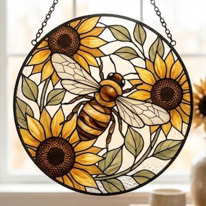 Honey Bee & Sunflowers Suncatcher, Golden Bumblebee Window Hanging, Garden Floral Wall Art, Gift for Bee Lovers, Kitchen Decor