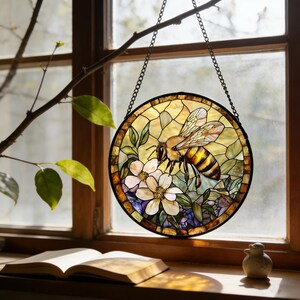 Stained Glass Bee Window Hanging, Handmade Bee Suncatcher for Window and Wall, Floral Nature Home Decor Gift, garden lover gift
