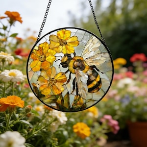 Bee & Yellow Flowers Suncatcher | Nature Inspired Hanging Decor | Gift for Garden Lovers | Grandma Garden Flower Gift