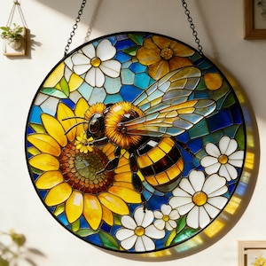 HoneyBee Suncatcher, Bee Glass Suncatcher, Bee Wildflowers Suncatcher, Honeybee Home Decor, Gift for Garden Lovers, Mothers Day Gift For Mom