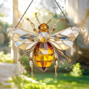 Bee Stained Glass Suncatcher, Golden Honey Bee Window Hanging Decor, Crystal Bee Sun Catcher, Nature Lover Gift, Garden Home Art