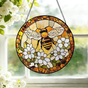 Custom Bee Stained Glass Suncatcher Personalized Honeybee Window Art Honeybee Gift for Garden Lovers Bee Garden Art Mother's Day Gift S8